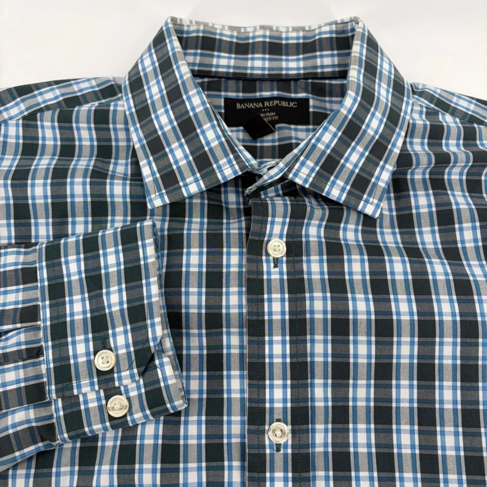 Banana Republic Mens‎ Tailored Fit Non Iron Plaid Shirt Blue Black L 16-16.5